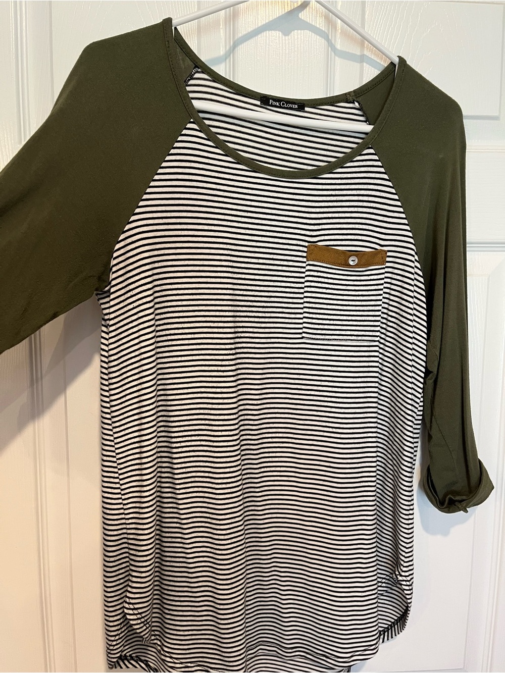 Pink Clover Women's Olive & Black Striped Raglan Pocket Top with cute details!